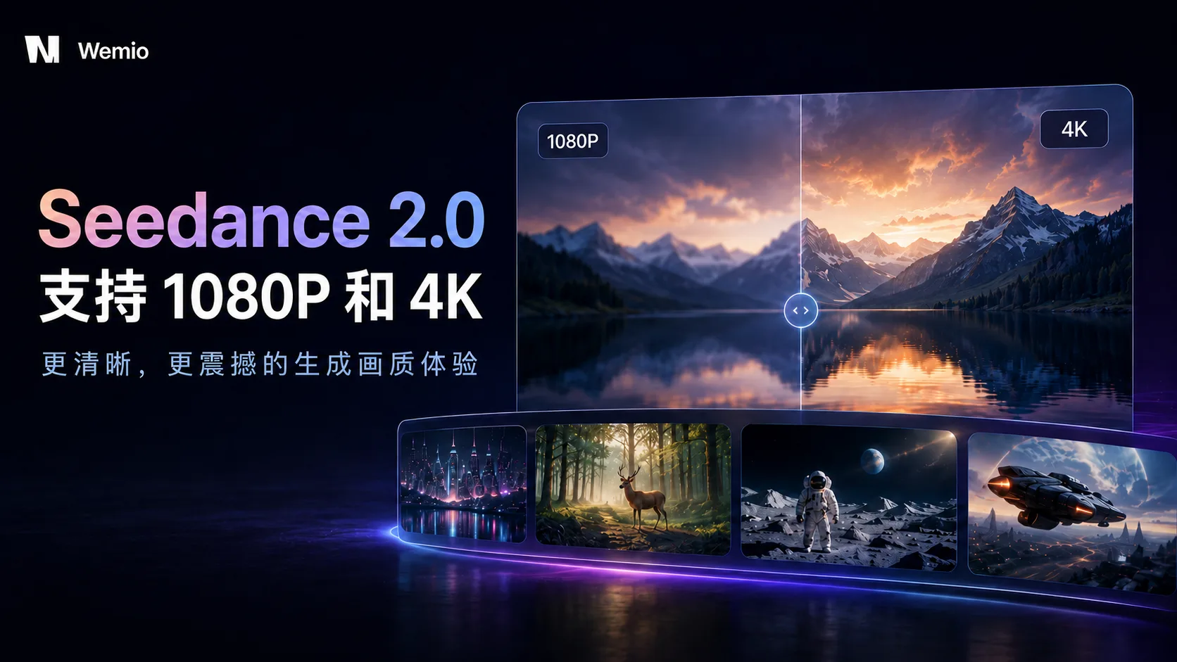 Seedance 2.0 AI 视频生成：雪山湖泊日落画面 1080P 与 4K 画质同帧对比，附赛博城市、森林麋鹿、宇航员等生成片段