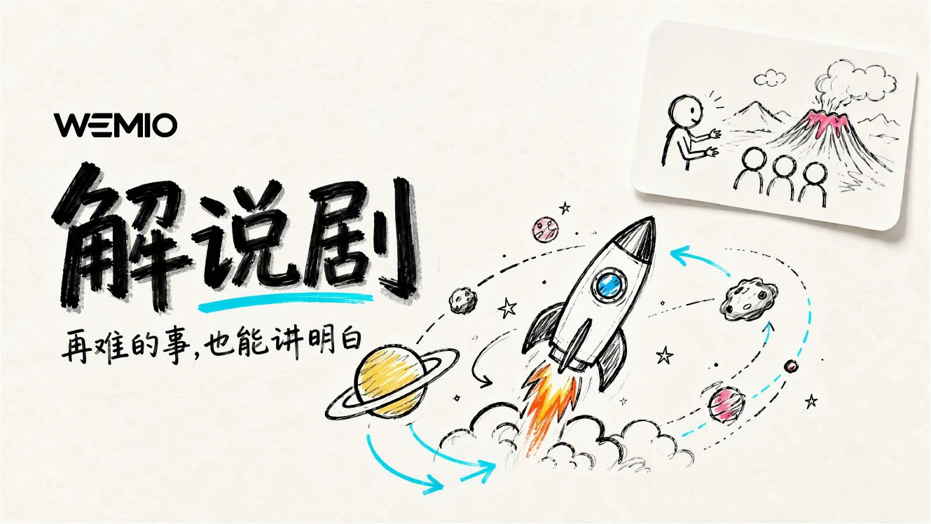 Wemio 讲故事手绘白板动画海报：火箭穿行星系的手绘草图与讲解人对着观众讲解火山的便签图，再难的事也能讲明白