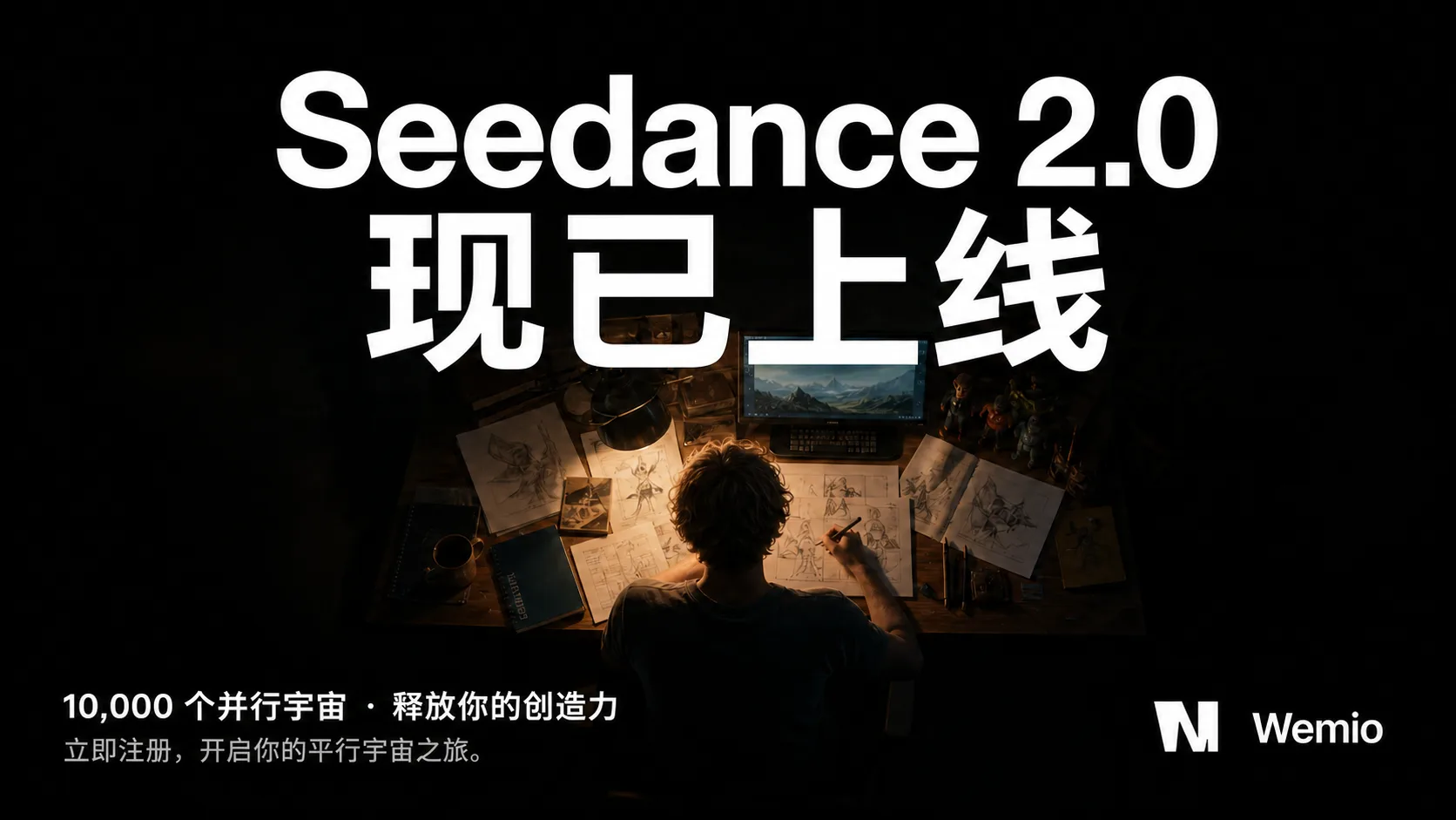 Seedance 2.0 上线海报：创作者在暖光书桌手绘分镜草图，笔记本屏幕展示 AI 生成的雪山画面，10,000 个并行宇宙