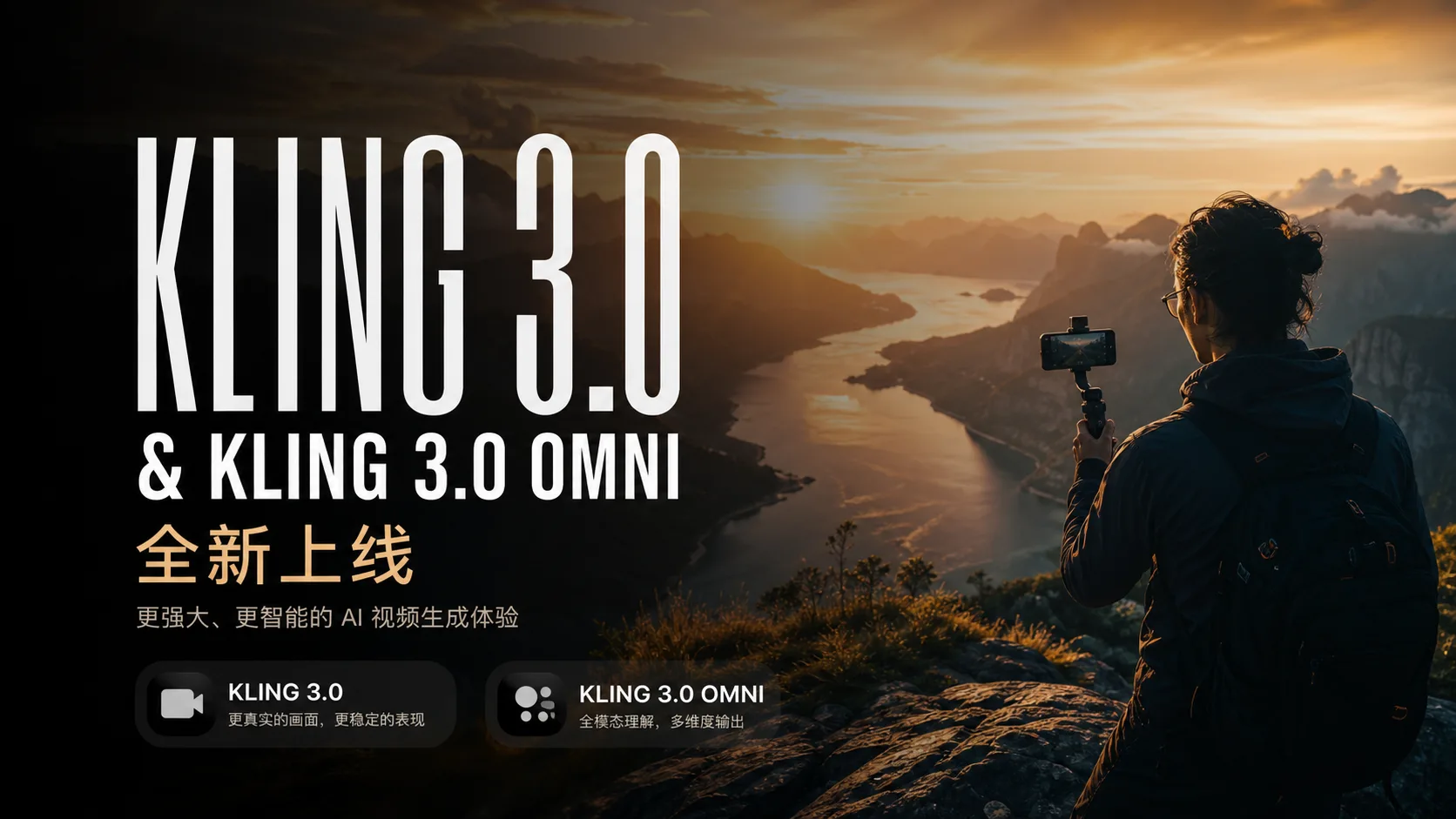 可灵 Kling 3.0 与 Kling 3.0 Omni 全新上线：创作者手持手机云台拍摄日落峡湾，更强大的 AI 视频生成与全模态理解